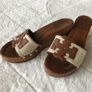 Tory Burch Patti Cloth Logo Platform Wooden Wedge